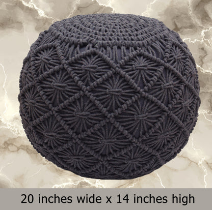 Macrame Braided Pouf Ottoman 20" x 14" Hand knitted Cotton Cord Round Dori Pouf, Prefilled Footrest Bean Bag, Boho Moroccan Accent Seating for Living Room, Bedroom & Dorms