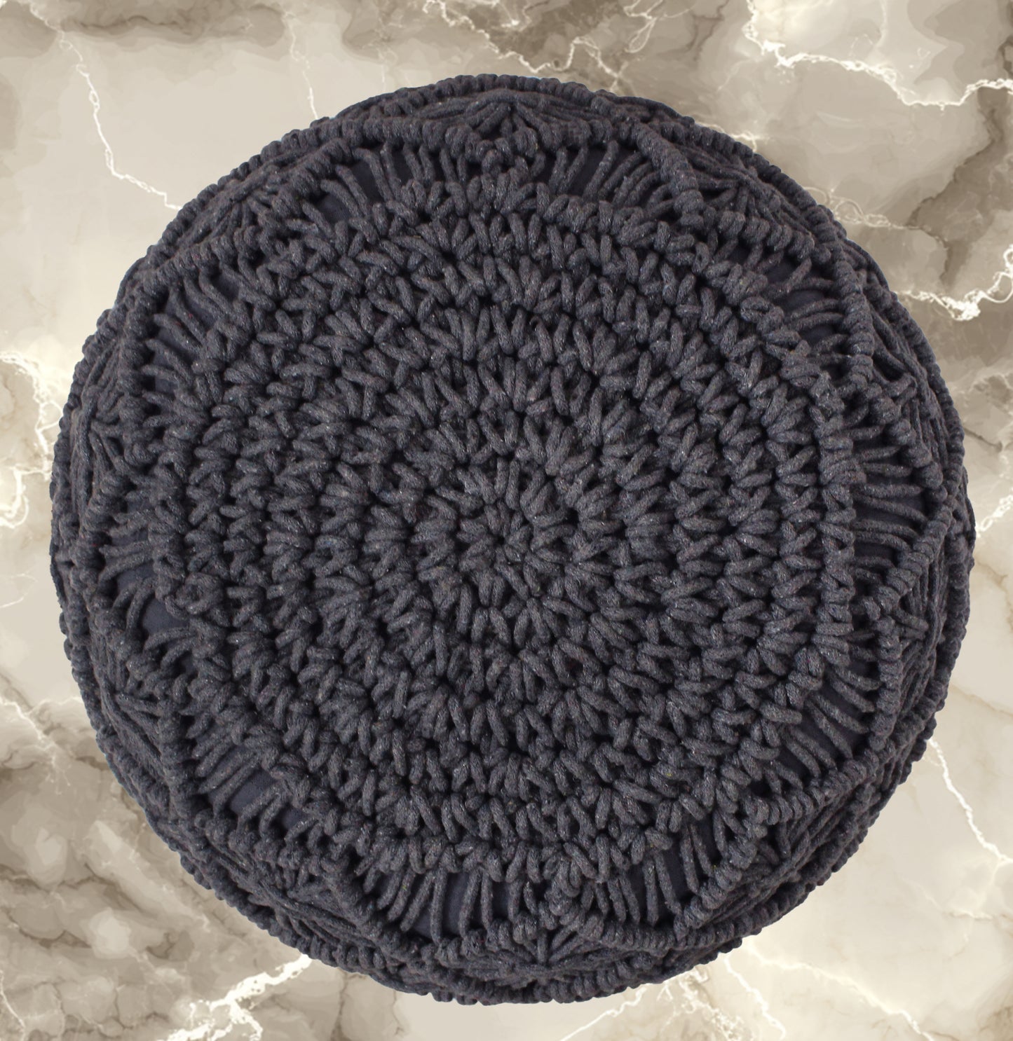 Macrame Braided Pouf Ottoman 20" x 14" Hand knitted Cotton Cord Round Dori Pouf, Prefilled Footrest Bean Bag, Boho Moroccan Accent Seating for Living Room, Bedroom & Dorms