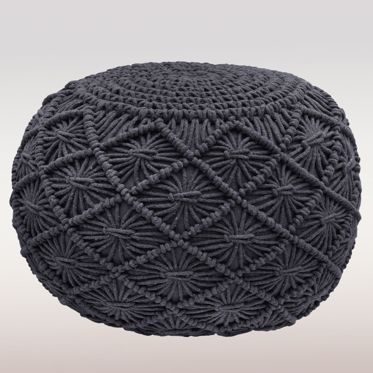 Macrame Braided Pouf Ottoman 20" x 14" Hand knitted Cotton Cord Round Dori Pouf, Prefilled Footrest Bean Bag, Boho Moroccan Accent Seating for Living Room, Bedroom & Dorms