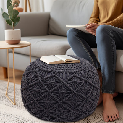 Macrame Braided Pouf Ottoman 20" x 14" Hand knitted Cotton Cord Round Dori Pouf, Prefilled Footrest Bean Bag, Boho Moroccan Accent Seating for Living Room, Bedroom & Dorms