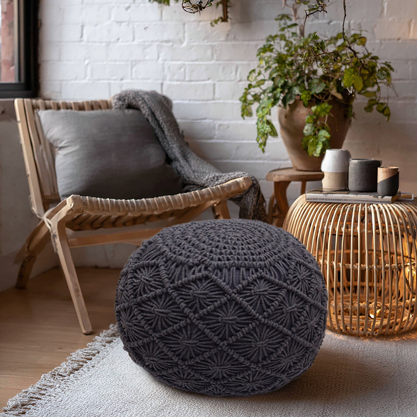 Macrame Braided Pouf Ottoman 20" x 14" Hand knitted Cotton Cord Round Dori Pouf, Prefilled Footrest Bean Bag, Boho Moroccan Accent Seating for Living Room, Bedroom & Dorms