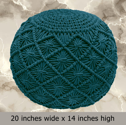 Macrame Braided Pouf Ottoman 20" x 14" Hand knitted Cotton Cord Round Dori Pouf, Prefilled Footrest Bean Bag, Boho Moroccan Accent Seating for Living Room, Bedroom & Dorms