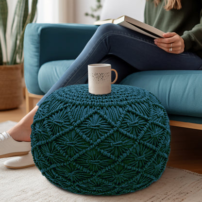 Macrame Braided Pouf Ottoman 20" x 14" Hand knitted Cotton Cord Round Dori Pouf, Prefilled Footrest Bean Bag, Boho Moroccan Accent Seating for Living Room, Bedroom & Dorms