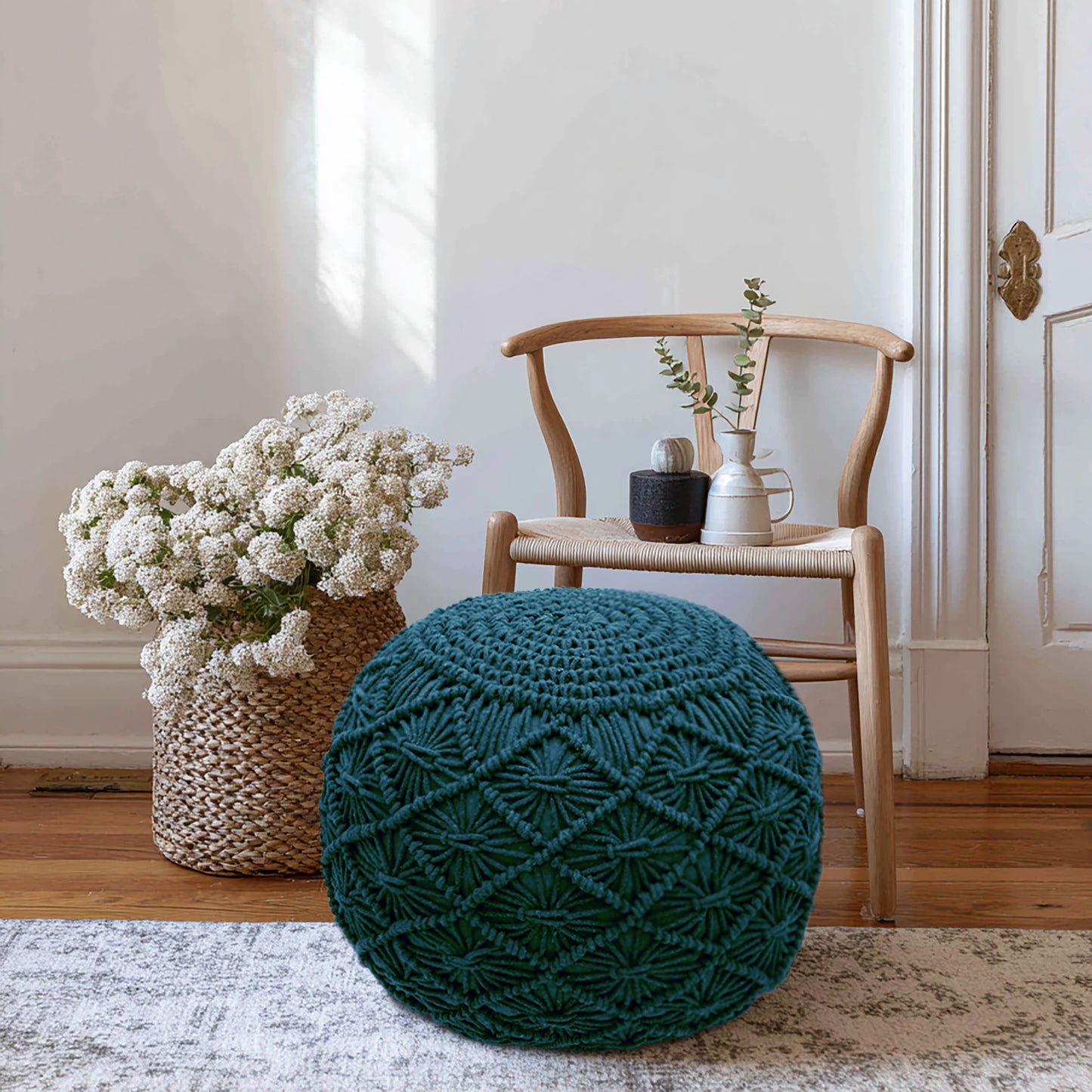 Macrame Braided Pouf Ottoman 20" x 14" Hand knitted Cotton Cord Round Dori Pouf, Prefilled Footrest Bean Bag, Boho Moroccan Accent Seating for Living Room, Bedroom & Dorms