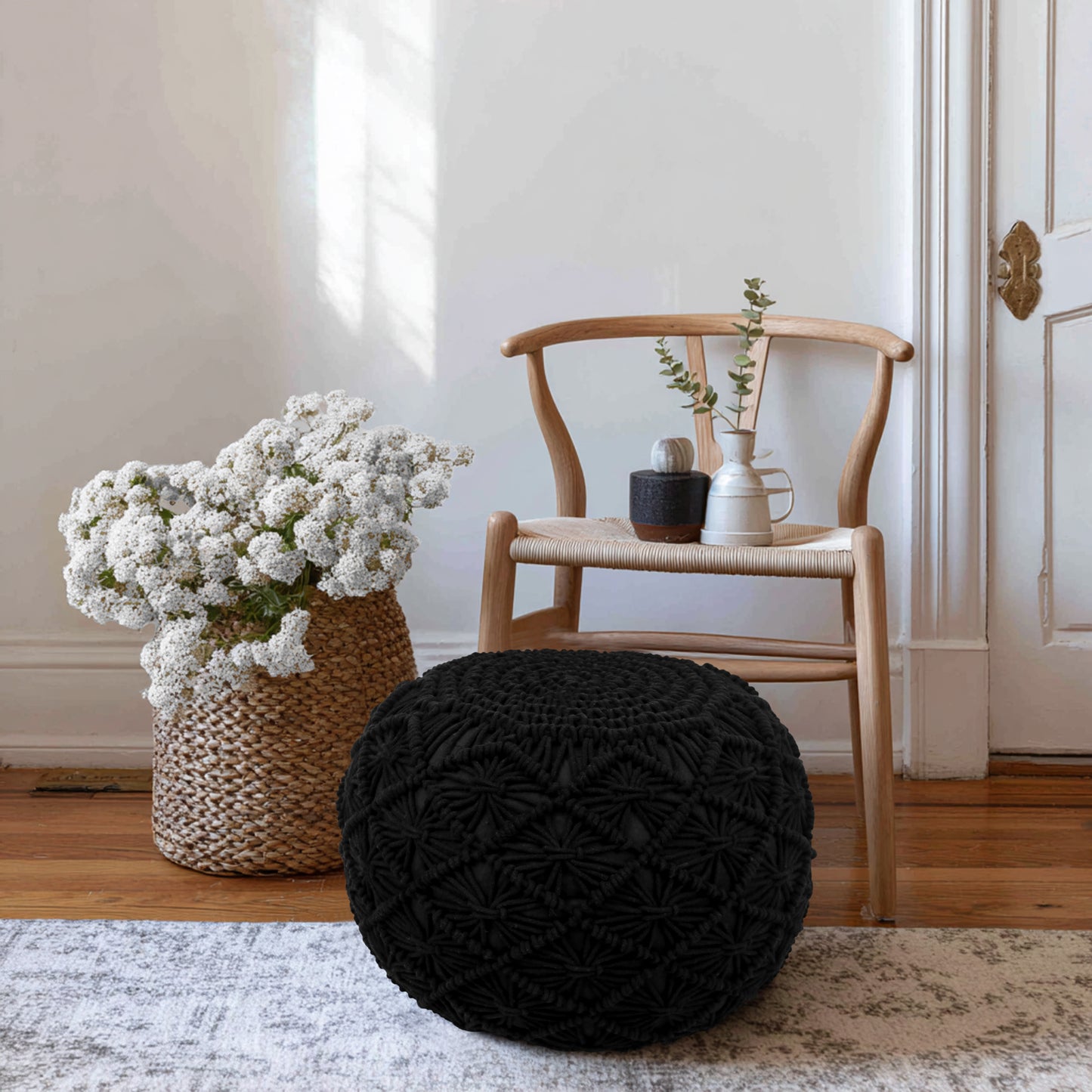 Macrame Braided Pouf Ottoman 20" x 14" Hand knitted Cotton Cord Round Dori Pouf, Prefilled Footrest Bean Bag, Boho Moroccan Accent Seating for Living Room, Bedroom & Dorms