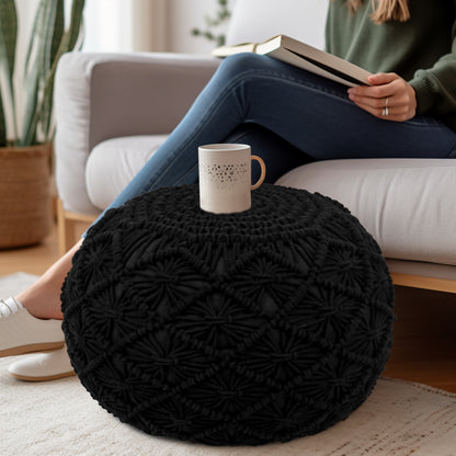 Macrame Braided Pouf Ottoman 20" x 14" Hand knitted Cotton Cord Round Dori Pouf, Prefilled Footrest Bean Bag, Boho Moroccan Accent Seating for Living Room, Bedroom & Dorms