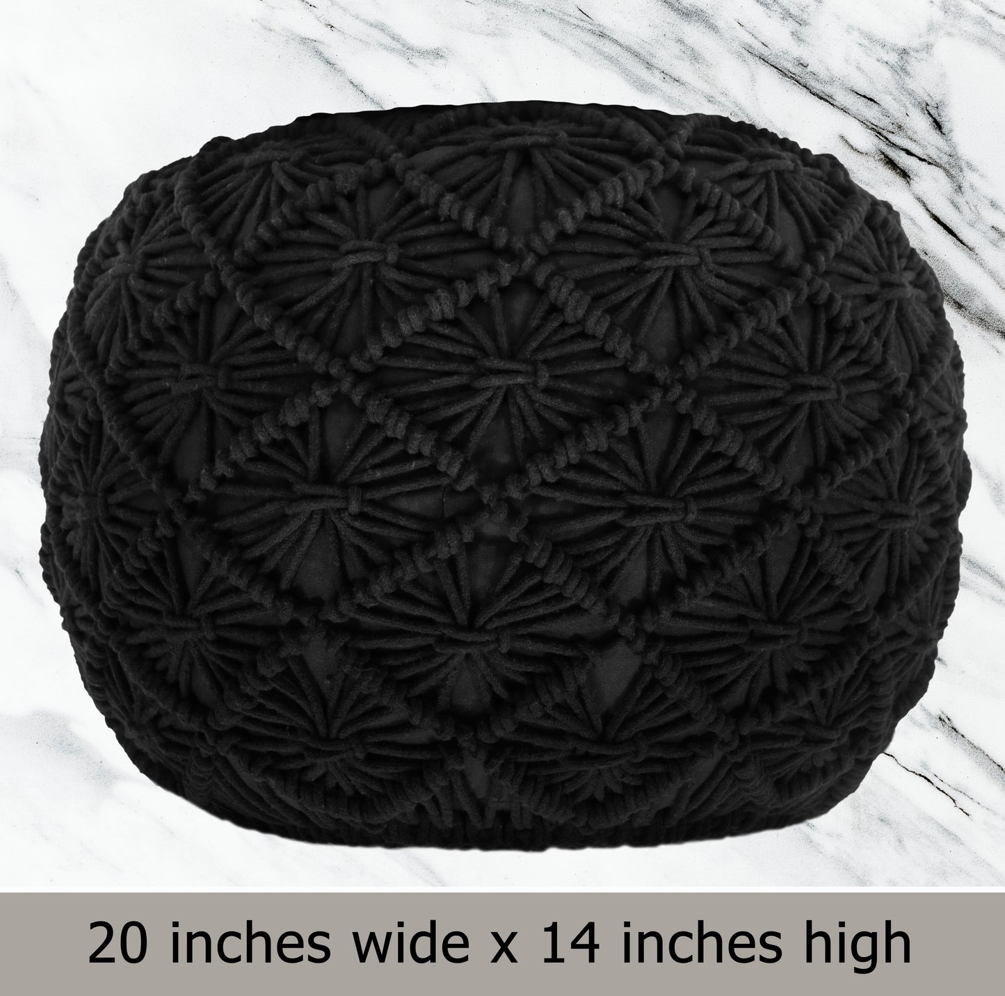 Macrame Braided Pouf Ottoman 20" x 14" Hand knitted Cotton Cord Round Dori Pouf, Prefilled Footrest Bean Bag, Boho Moroccan Accent Seating for Living Room, Bedroom & Dorms