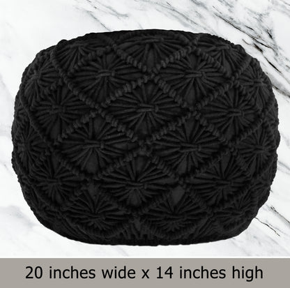 Macrame Braided Pouf Ottoman 20" x 14" Hand knitted Cotton Cord Round Dori Pouf, Prefilled Footrest Bean Bag, Boho Moroccan Accent Seating for Living Room, Bedroom & Dorms