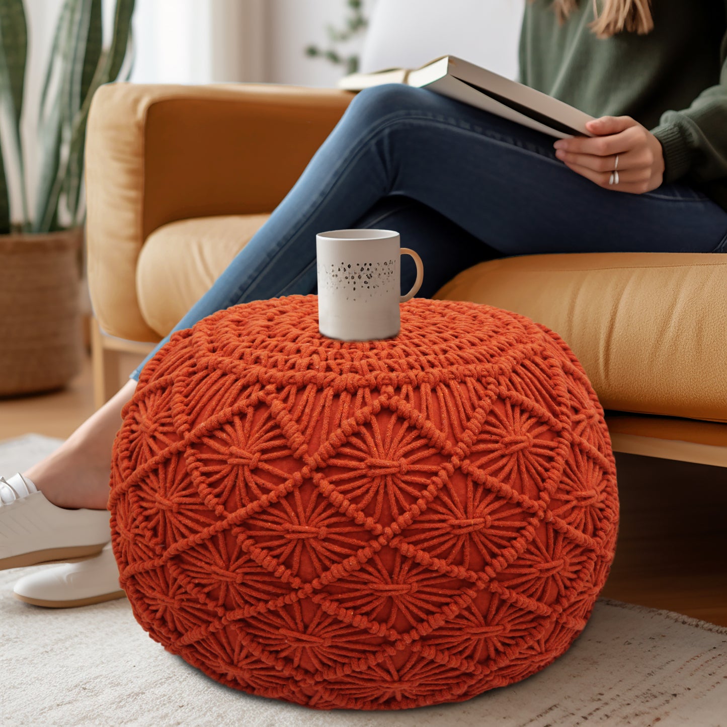 Macrame Braided Pouf Ottoman 20" x 14" Hand knitted Cotton Cord Round Dori Pouf, Prefilled Footrest Bean Bag, Boho Moroccan Accent Seating for Living Room, Bedroom & Dorms