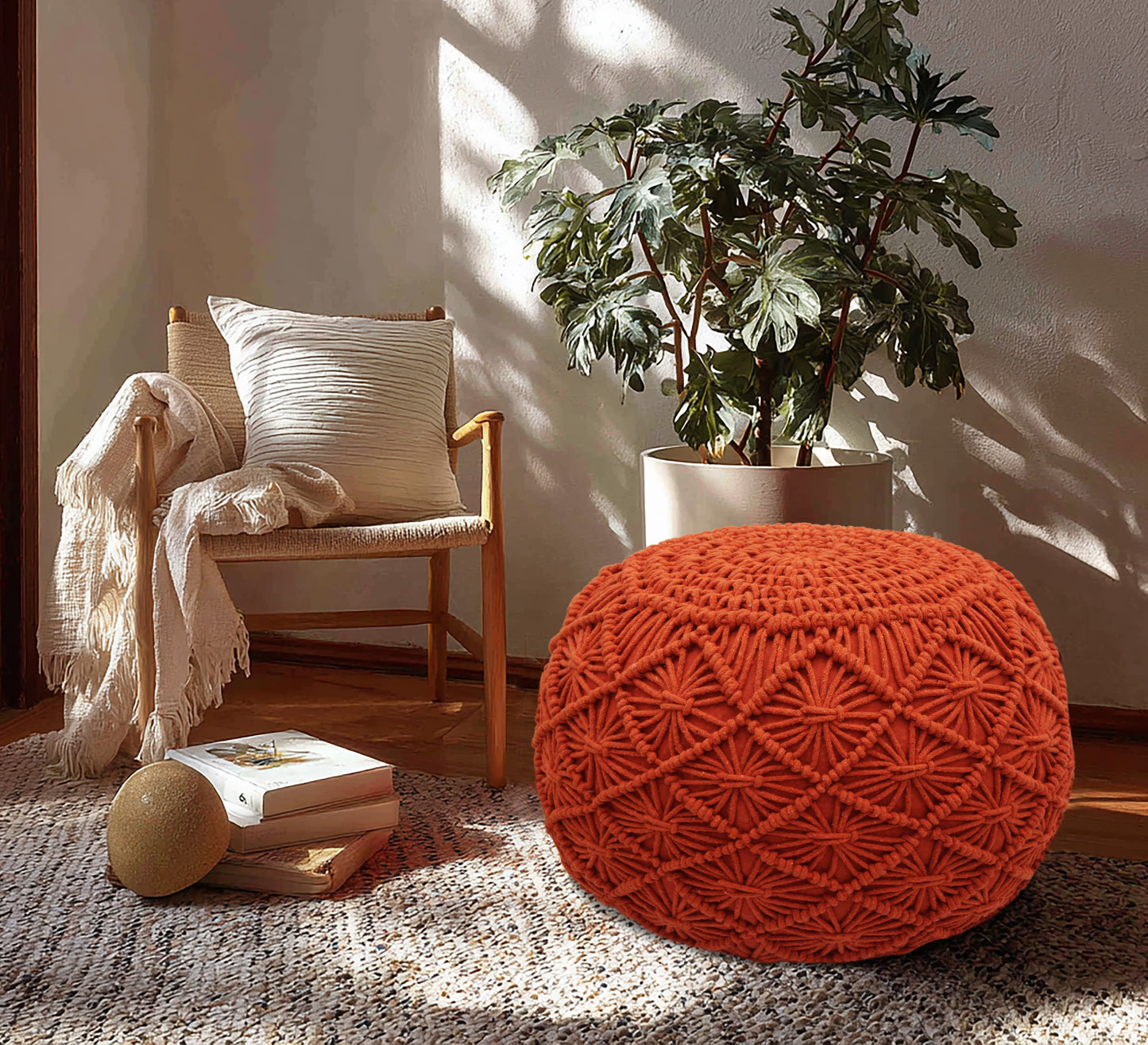 Macrame Braided Pouf Ottoman 20" x 14" Hand knitted Cotton Cord Round Dori Pouf, Prefilled Footrest Bean Bag, Boho Moroccan Accent Seating for Living Room, Bedroom & Dorms