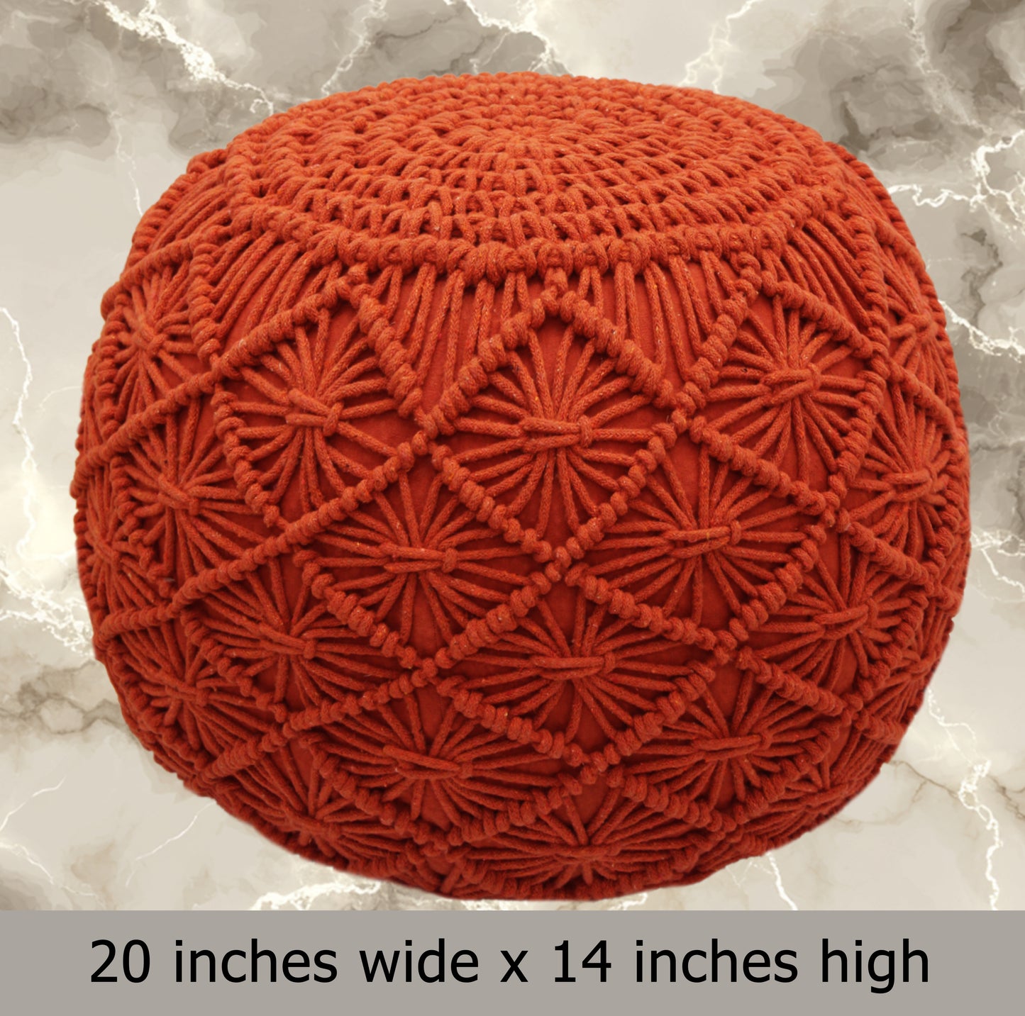 Macrame Braided Pouf Ottoman 20" x 14" Hand knitted Cotton Cord Round Dori Pouf, Prefilled Footrest Bean Bag, Boho Moroccan Accent Seating for Living Room, Bedroom & Dorms