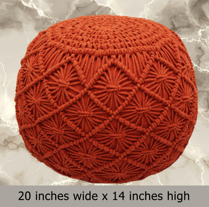 Macrame Braided Pouf Ottoman 20" x 14" Hand knitted Cotton Cord Round Dori Pouf, Prefilled Footrest Bean Bag, Boho Moroccan Accent Seating for Living Room, Bedroom & Dorms