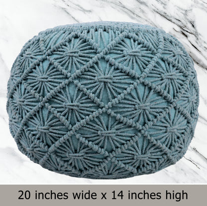 Macrame Braided Pouf Ottoman 20" x 14" Hand knitted Cotton Cord Round Dori Pouf, Prefilled Footrest Bean Bag, Boho Moroccan Accent Seating for Living Room, Bedroom & Dorms