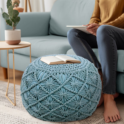 Macrame Braided Pouf Ottoman 20" x 14" Hand knitted Cotton Cord Round Dori Pouf, Prefilled Footrest Bean Bag, Boho Moroccan Accent Seating for Living Room, Bedroom & Dorms