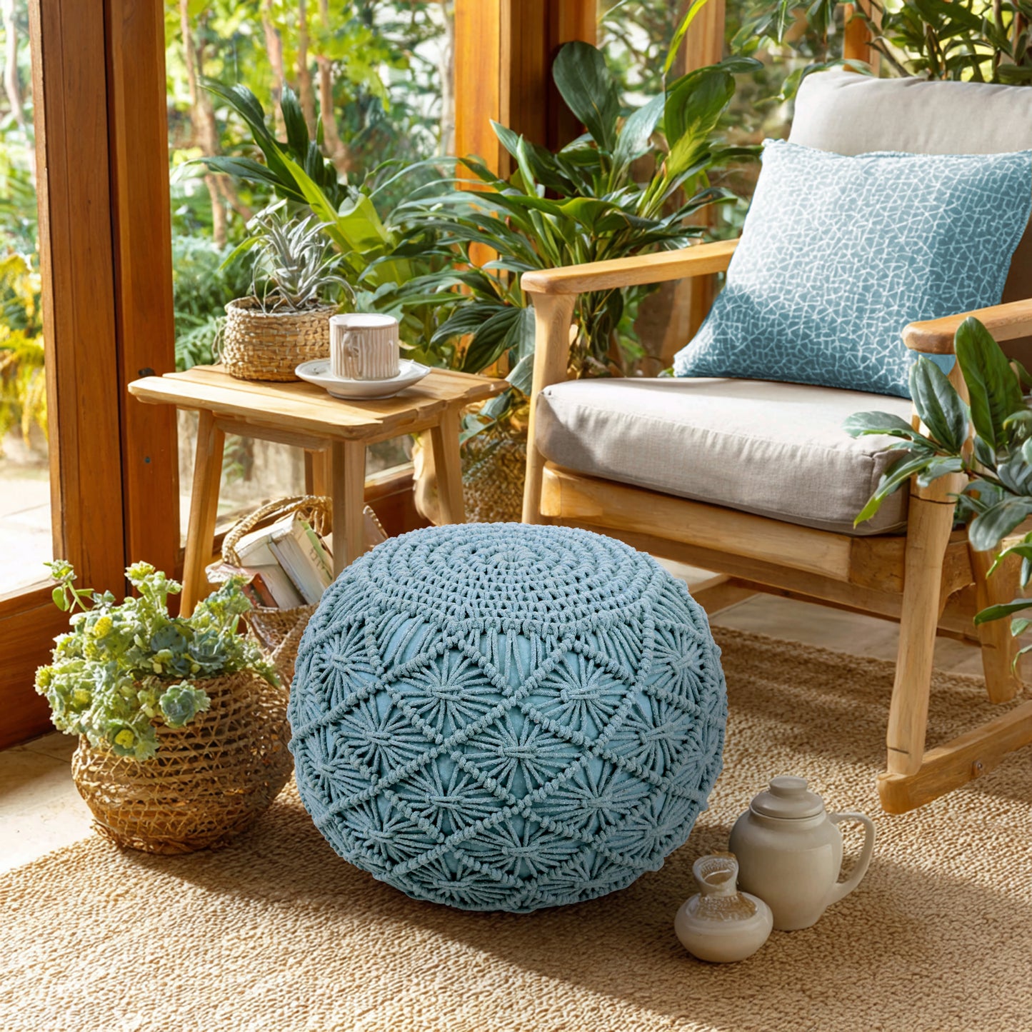 Macrame Braided Pouf Ottoman 20" x 14" Hand knitted Cotton Cord Round Dori Pouf, Prefilled Footrest Bean Bag, Boho Moroccan Accent Seating for Living Room, Bedroom & Dorms
