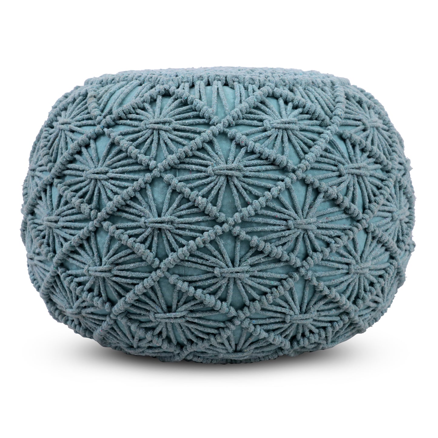 Macrame Braided Pouf Ottoman 20" x 14" Hand knitted Cotton Cord Round Dori Pouf, Prefilled Footrest Bean Bag, Boho Moroccan Accent Seating for Living Room, Bedroom & Dorms