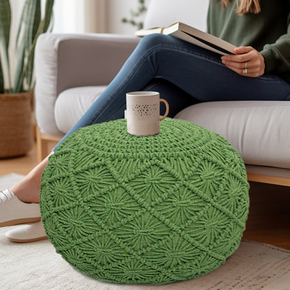 Macrame Braided Pouf Ottoman 20" x 14" Hand knitted Cotton Cord Round Dori Pouf, Prefilled Footrest Bean Bag, Boho Moroccan Accent Seating for Living Room, Bedroom & Dorms