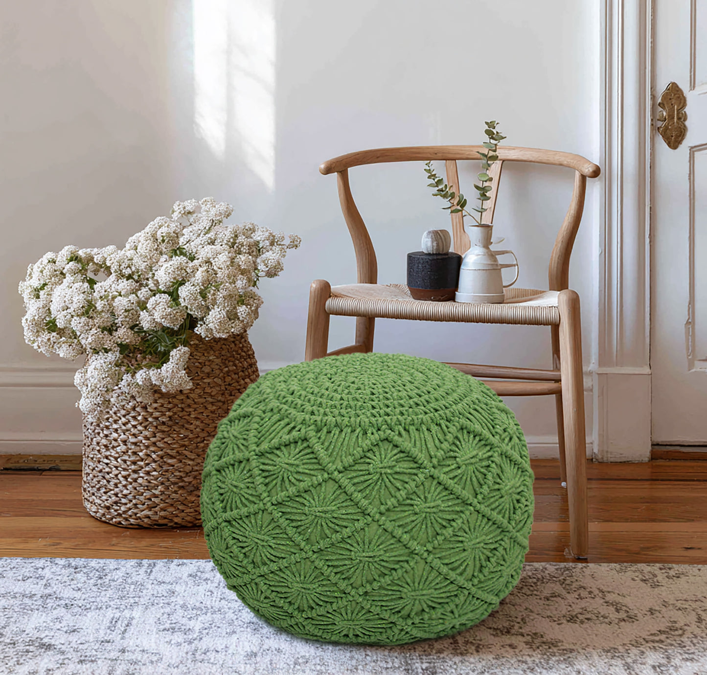 Macrame Braided Pouf Ottoman 20" x 14" Hand knitted Cotton Cord Round Dori Pouf, Prefilled Footrest Bean Bag, Boho Moroccan Accent Seating for Living Room, Bedroom & Dorms