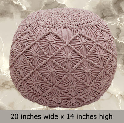 Macrame Braided Pouf Ottoman 20" x 14" Hand knitted Cotton Cord Round Dori Pouf, Prefilled Footrest Bean Bag, Boho Moroccan Accent Seating for Living Room, Bedroom & Dorms