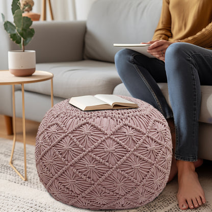 Macrame Braided Pouf Ottoman 20" x 14" Hand knitted Cotton Cord Round Dori Pouf, Prefilled Footrest Bean Bag, Boho Moroccan Accent Seating for Living Room, Bedroom & Dorms