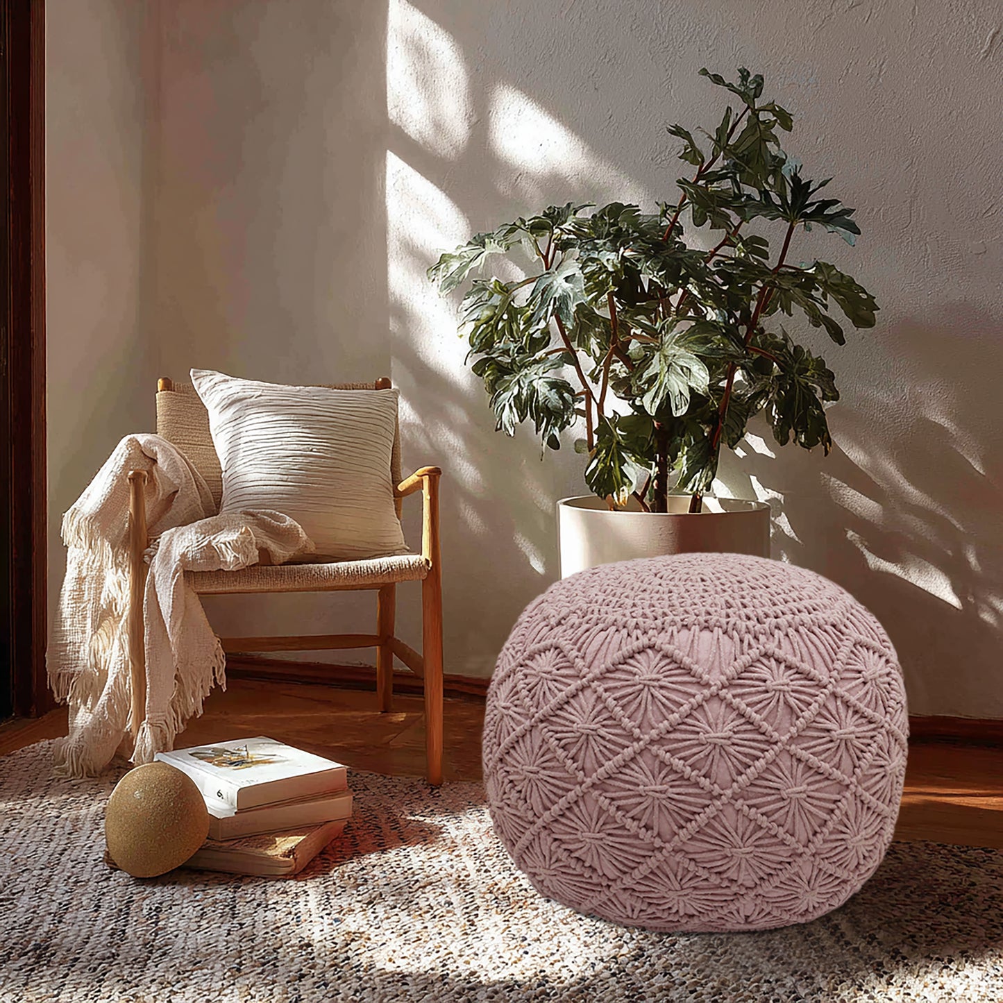 Macrame Braided Pouf Ottoman 20" x 14" Hand knitted Cotton Cord Round Dori Pouf, Prefilled Footrest Bean Bag, Boho Moroccan Accent Seating for Living Room, Bedroom & Dorms