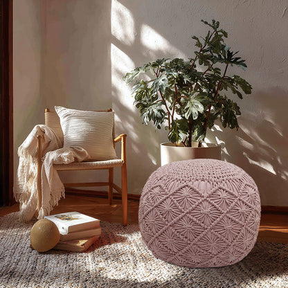 Macrame Braided Pouf Ottoman 20" x 14" Hand knitted Cotton Cord Round Dori Pouf, Prefilled Footrest Bean Bag, Boho Moroccan Accent Seating for Living Room, Bedroom & Dorms
