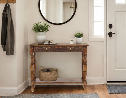 Hand-Carved Wood Accent Table with Dual Drawers & Lower Shelf, 36” x 11” x 32” – Hallway, Entryway, or Sofa Table – Antique Brown – Easy Assembly Required
