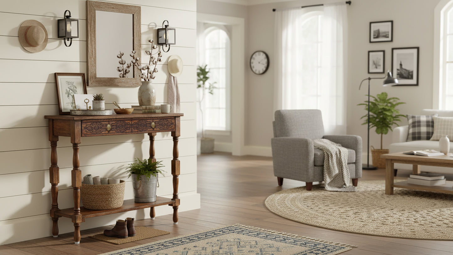 Hand-Carved Wood Accent Table with Dual Drawers & Lower Shelf, 36” x 11” x 32” – Hallway, Entryway, or Sofa Table – Antique Brown – Easy Assembly Required