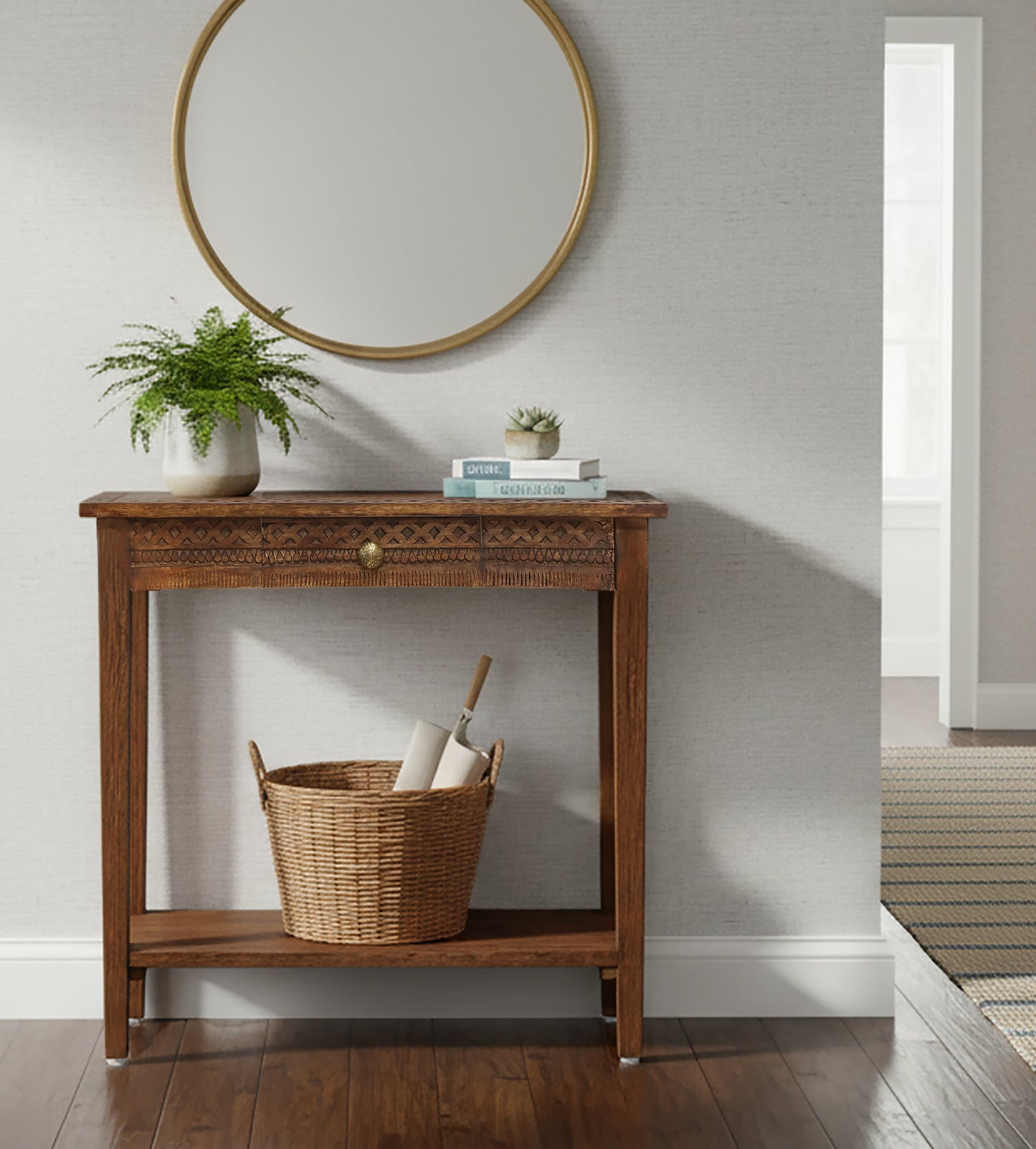 Hand-Carved  Wood Accent Table with Single Drawer & Lower Shelf, 32” x 14” x 32” – Hallway, Entryway, or Sofa Table – Antique Brown – Easy Assembly Required