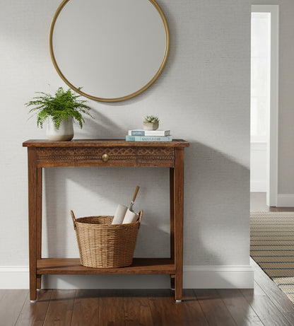 Hand-Carved  Wood Accent Table with Single Drawer & Lower Shelf, 32” x 14” x 32” – Hallway, Entryway, or Sofa Table – Antique Brown – Easy Assembly Required