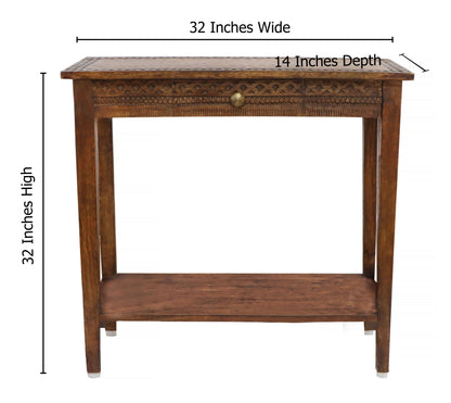 Hand-Carved  Wood Accent Table with Single Drawer & Lower Shelf, 32” x 14” x 32” – Hallway, Entryway, or Sofa Table – Antique Brown – Easy Assembly Required