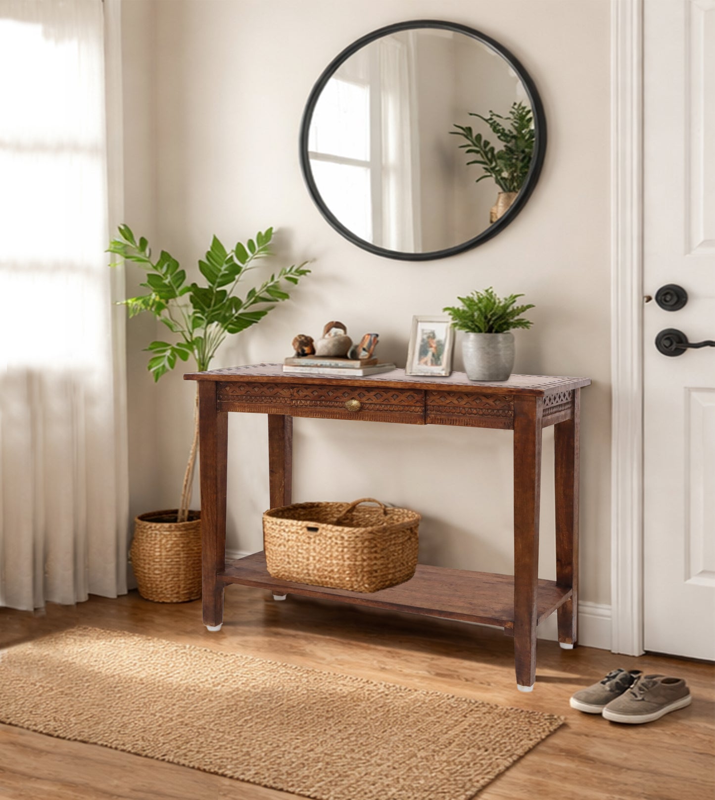 Hand-Carved  Wood Accent Table with Single Drawer & Lower Shelf, 32” x 14” x 32” – Hallway, Entryway, or Sofa Table – Antique Brown – Easy Assembly Required
