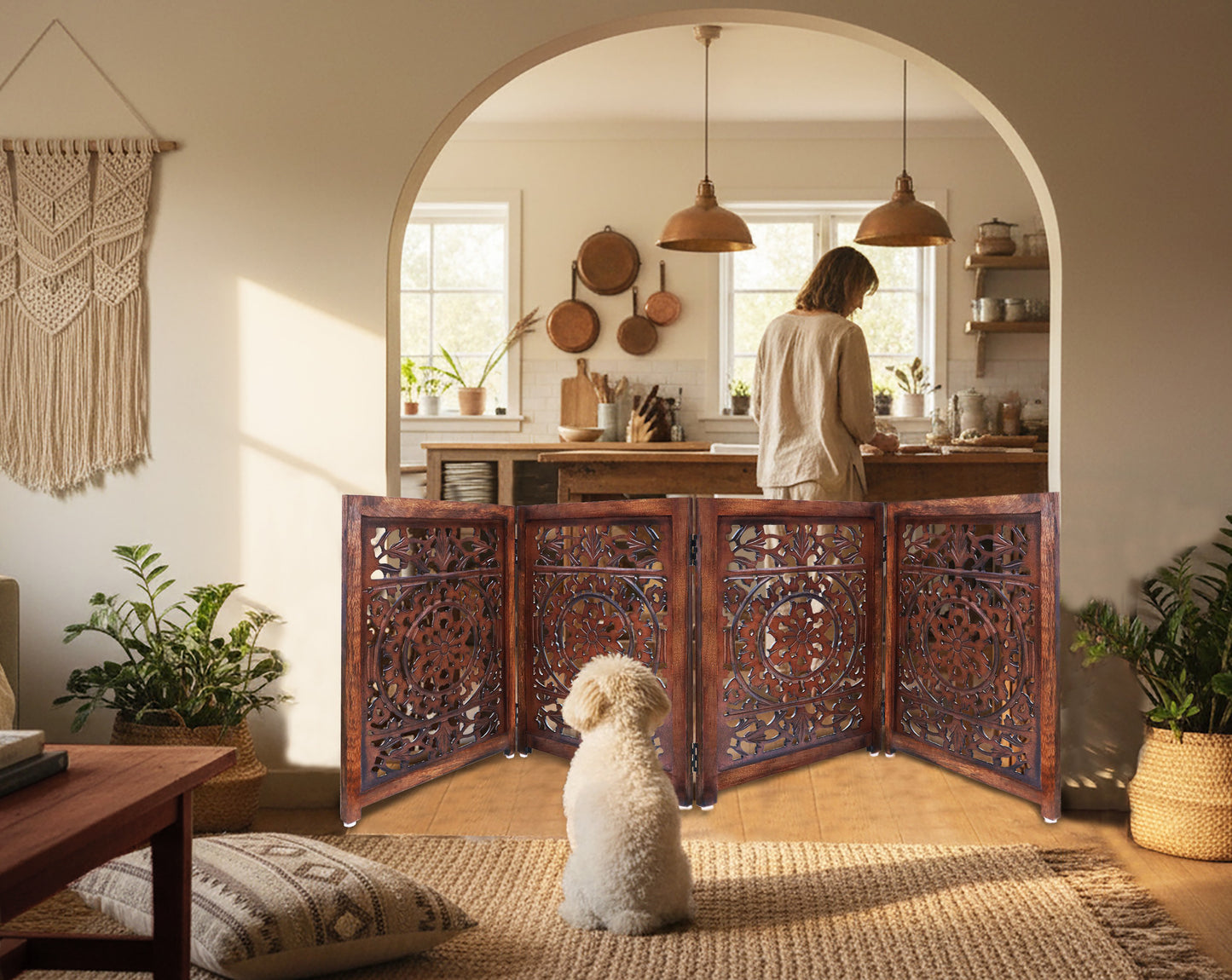 Hand-Carved Botanical Design Wooden Foldable 4 Panels Pet Gate  80" x 24"–  Freestanding, Portable, Fully Assembled – Antique Brown