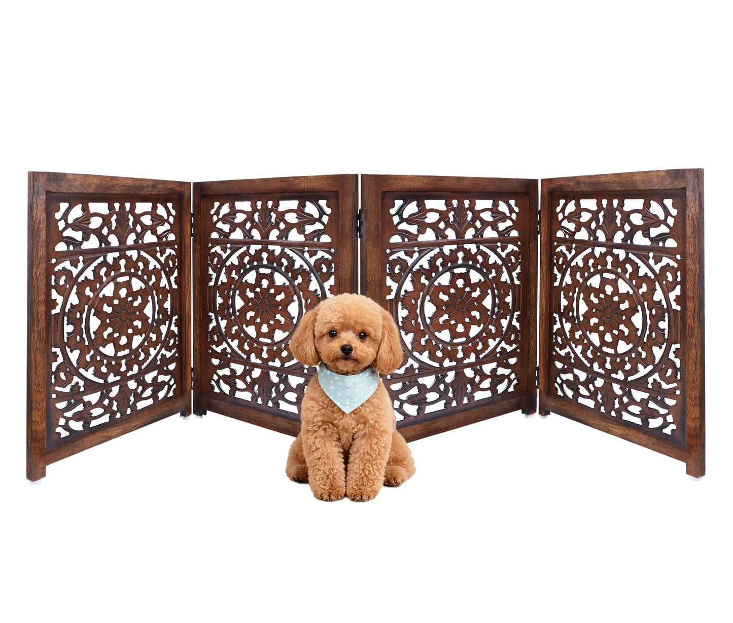 Hand-Carved Botanical Design Wooden Foldable 4 Panels Pet Gate  80" x 24"–  Freestanding, Portable, Fully Assembled – Antique Brown