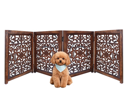 Hand-Carved Botanical Design Wooden Foldable 4 Panels Pet Gate  80" x 24"–  Freestanding, Portable, Fully Assembled – Antique Brown