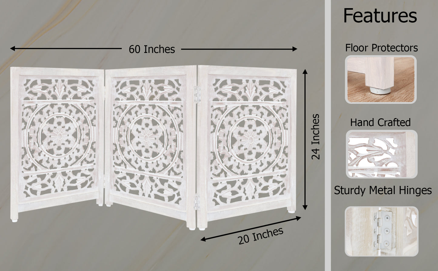 Hand-Carved Botanical Design Wooden Foldable 3 Panels Pet Gate  60" x 24"–  Freestanding, Portable, Fully Assembled-White