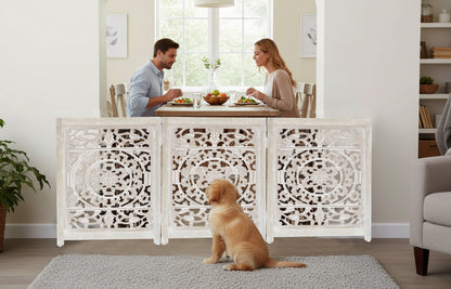 Hand-Carved Botanical Design Wooden Foldable 3 Panels Pet Gate  60" x 24"–  Freestanding, Portable, Fully Assembled-White