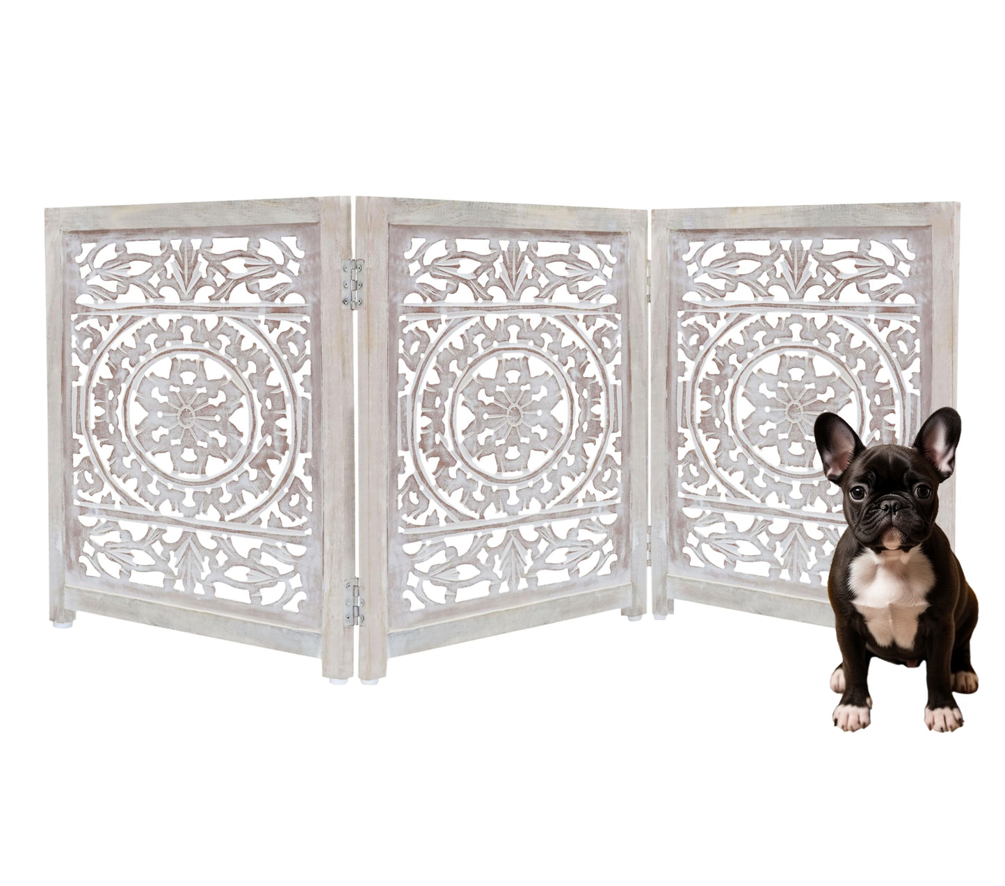 Hand-Carved Botanical Design Wooden Foldable 3 Panels Pet Gate  60" x 24"–  Freestanding, Portable, Fully Assembled-White