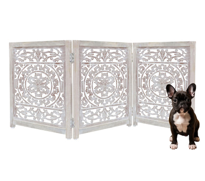 Hand-Carved Botanical Design Wooden Foldable 3 Panels Pet Gate  60" x 24"–  Freestanding, Portable, Fully Assembled-White