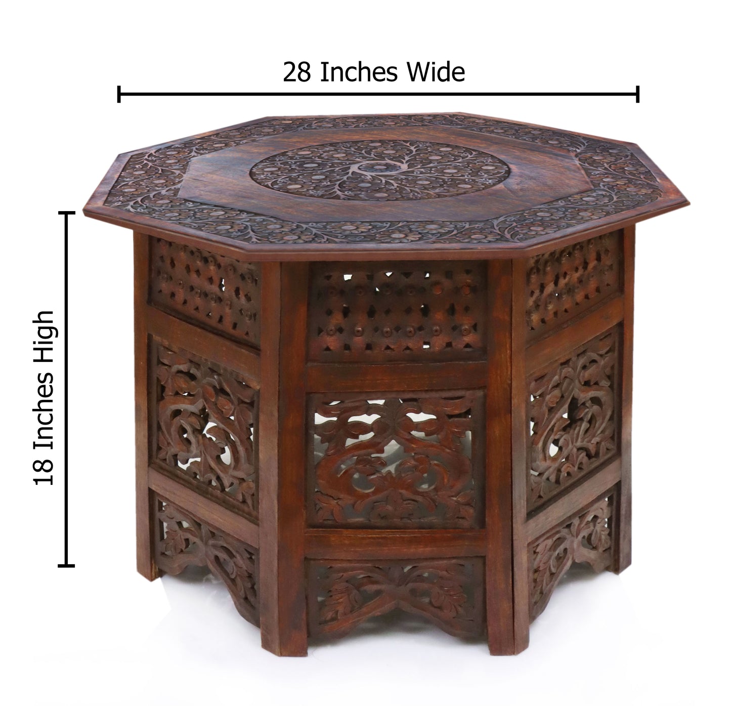 Hand-Carved Octagon Wooden Accent Table – Rustic Artisan Folding Side Table – 28 x 18 inches - Antique Brown – No Tools Required, Easy Assembly