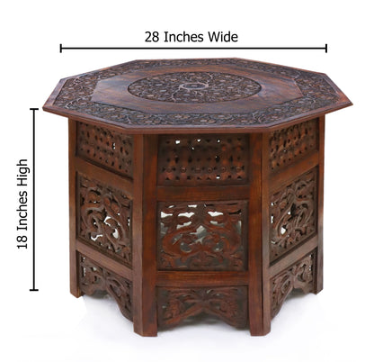 Hand-Carved Octagon Wooden Accent Table – Rustic Artisan Folding Side Table – 28 x 18 inches - Antique Brown – No Tools Required, Easy Assembly
