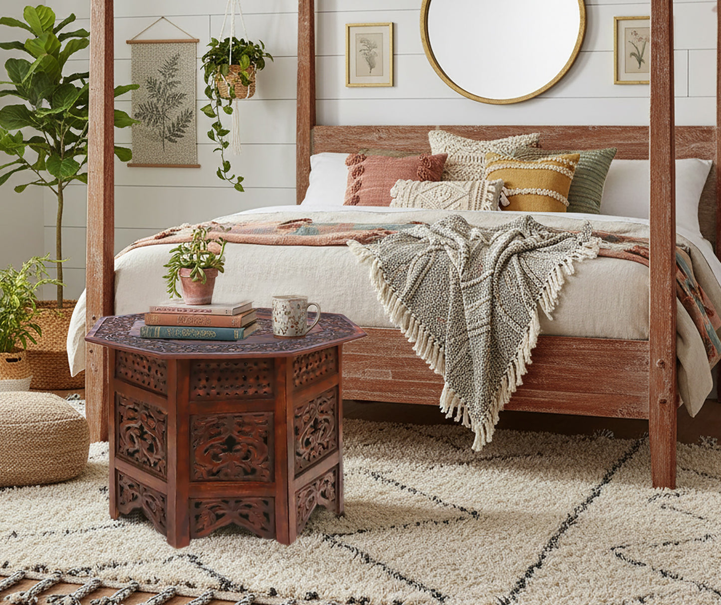 Hand-Carved Octagon Wooden Accent Table – Rustic Artisan Folding Side Table – 28 x 18 inches - Antique Brown – No Tools Required, Easy Assembly