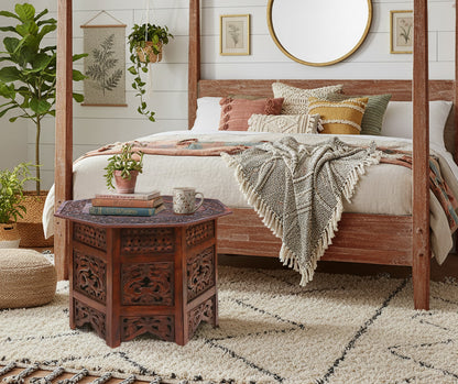 Hand-Carved Octagon Wooden Accent Table – Rustic Artisan Folding Side Table – 28 x 18 inches - Antique Brown – No Tools Required, Easy Assembly