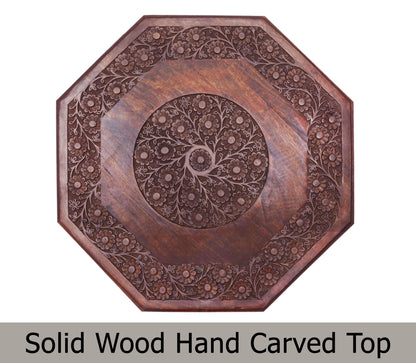 Hand-Carved Octagon Wooden Accent Table – Rustic Artisan Folding Side Table – 28 x 18 inches - Antique Brown – No Tools Required, Easy Assembly