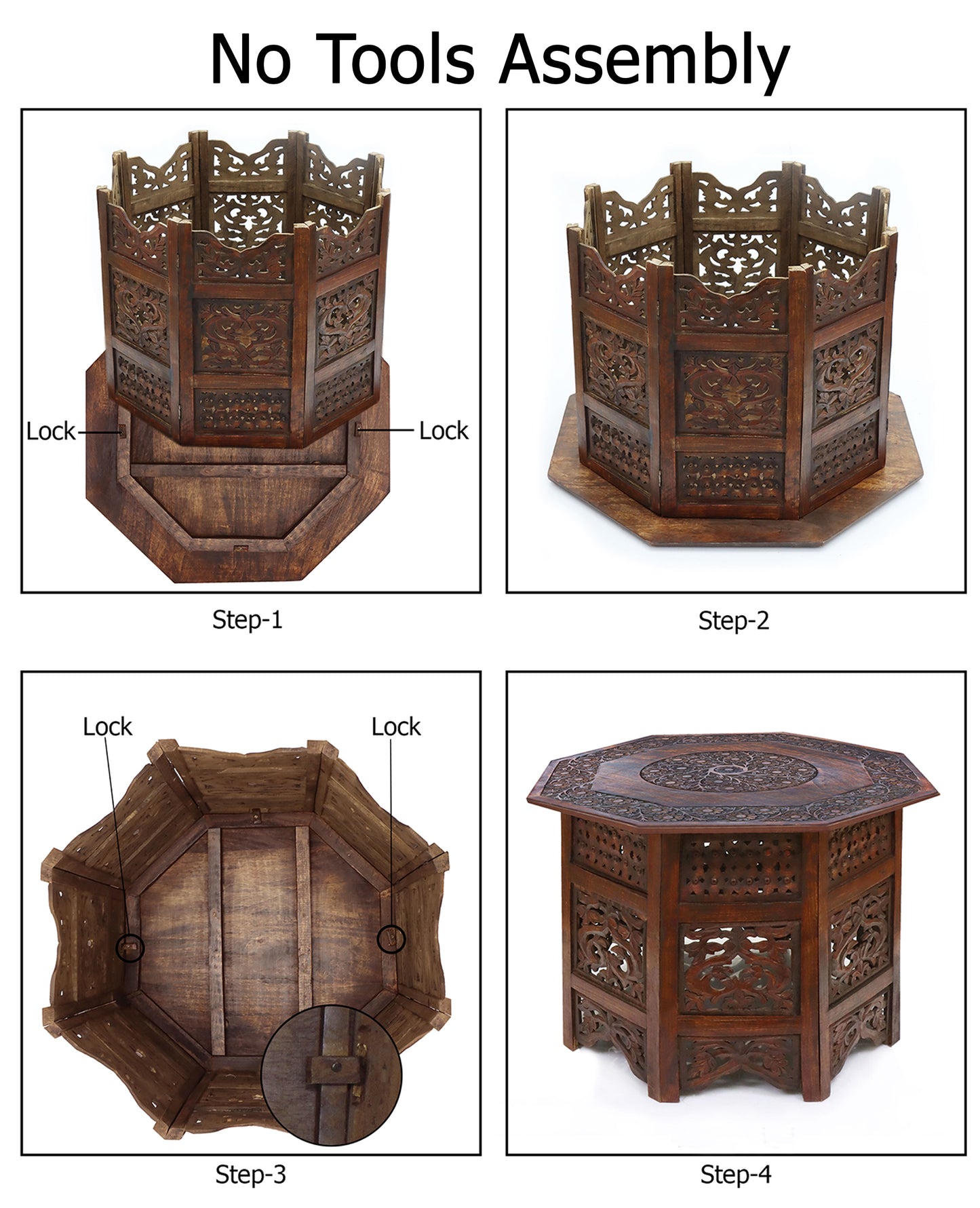 Hand-Carved Octagon Wooden Accent Table – Rustic Artisan Folding Side Table – 28 x 18 inches - Antique Brown – No Tools Required, Easy Assembly
