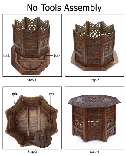 Hand-Carved Octagon Wooden Accent Table – Rustic Artisan Folding Side Table – 28 x 18 inches - Antique Brown – No Tools Required, Easy Assembly