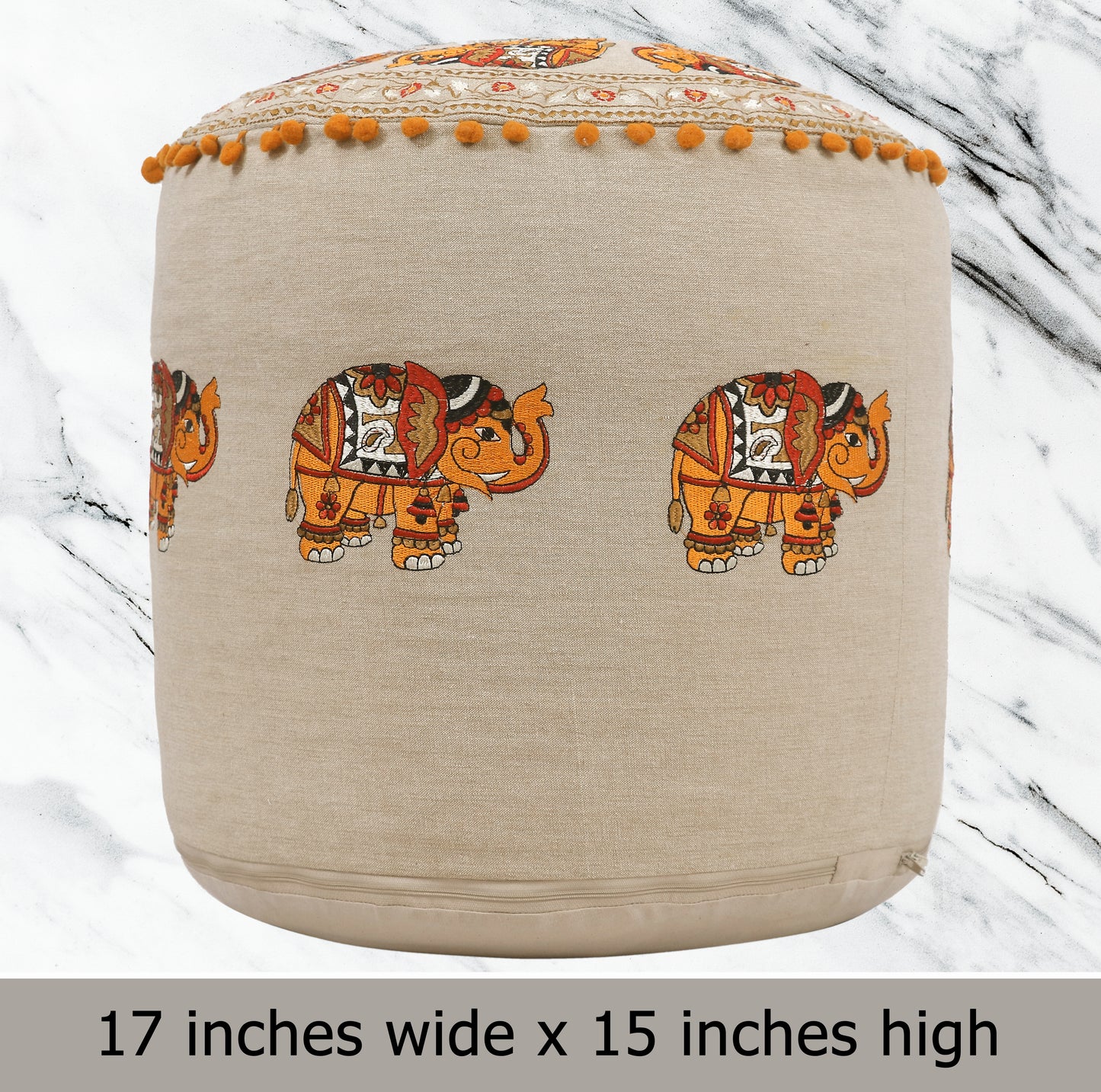 Handcrafted Cotton Elephant Embroidery Pouf 17" x 15"  Boho Accent Ottoman, Footrest, or Extra Seating - Natural Orange Multi