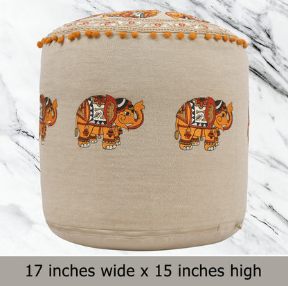 Handcrafted Cotton Elephant Embroidery Pouf 17" x 15"  Boho Accent Ottoman, Footrest, or Extra Seating - Natural Orange Multi