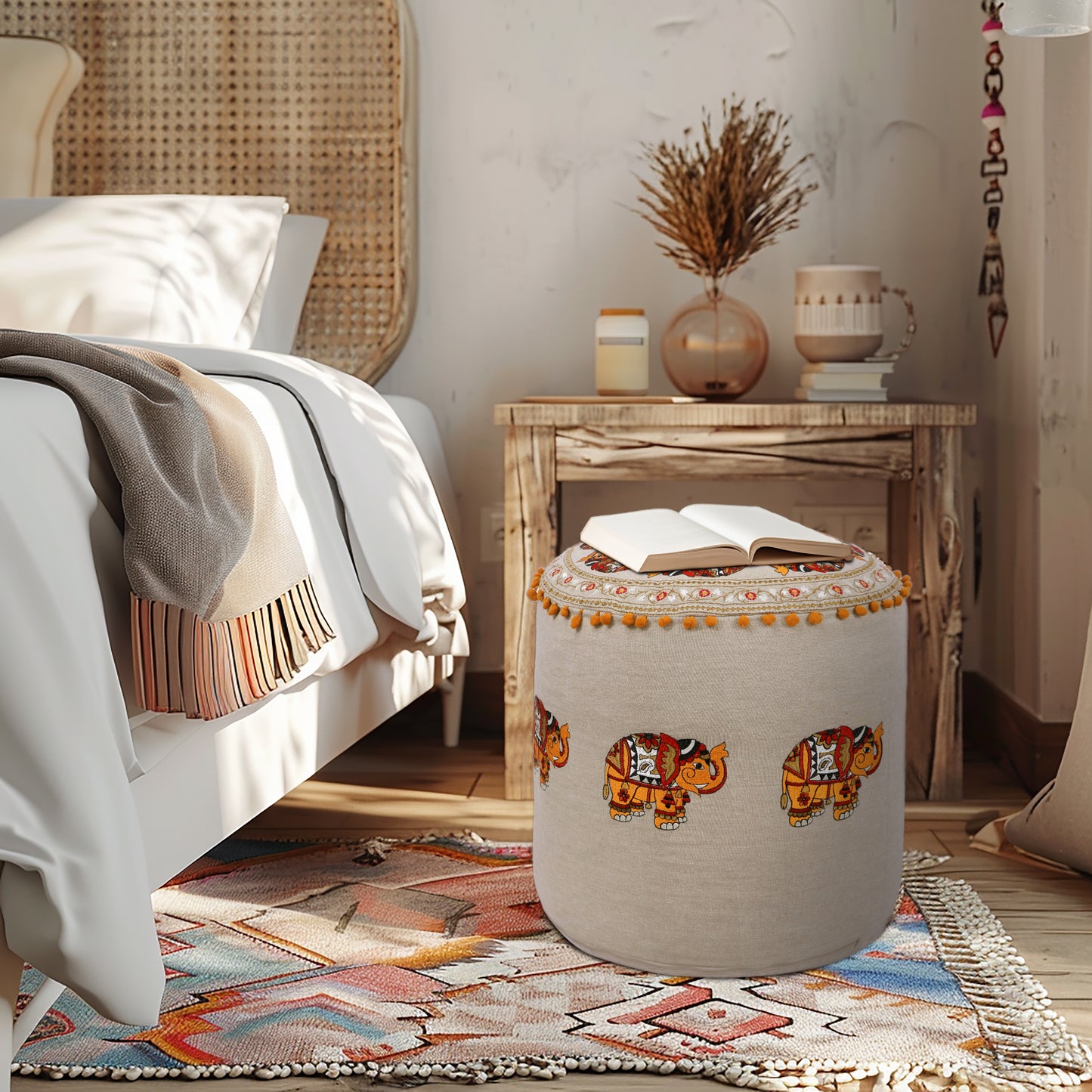 Handcrafted Cotton Elephant Embroidery Pouf 17" x 15"  Boho Accent Ottoman, Footrest, or Extra Seating - Natural Orange Multi