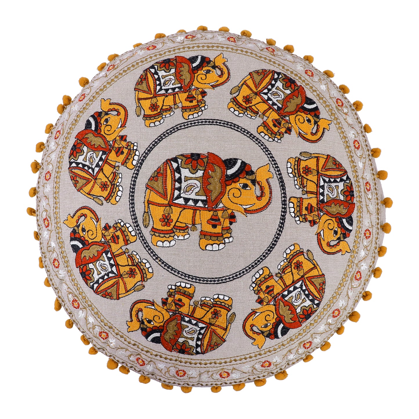 Handcrafted Cotton Elephant Embroidery Pouf 17" x 15"  Boho Accent Ottoman, Footrest, or Extra Seating - Natural Orange Multi